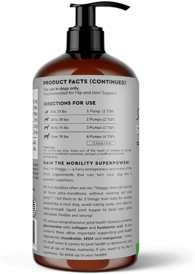 WONDER PAWS Premium Liquid Glucosamine for Dogs Strength Joint Support, Flexibility, Cartilage & Mobility - Hip and Joint Supplement with Chondroitin, MSM, Collagen & Hyaluronic Acid (32 Oz)