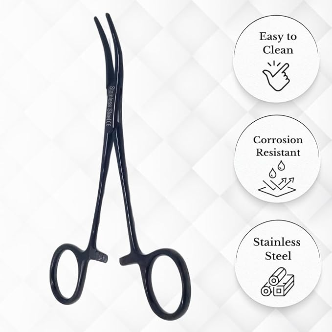 HTI Dog CAT PET Hair Puller Remover Stainless Steel Hemostat Locking Forceps 5.5" Curved Full Serrated (Black)