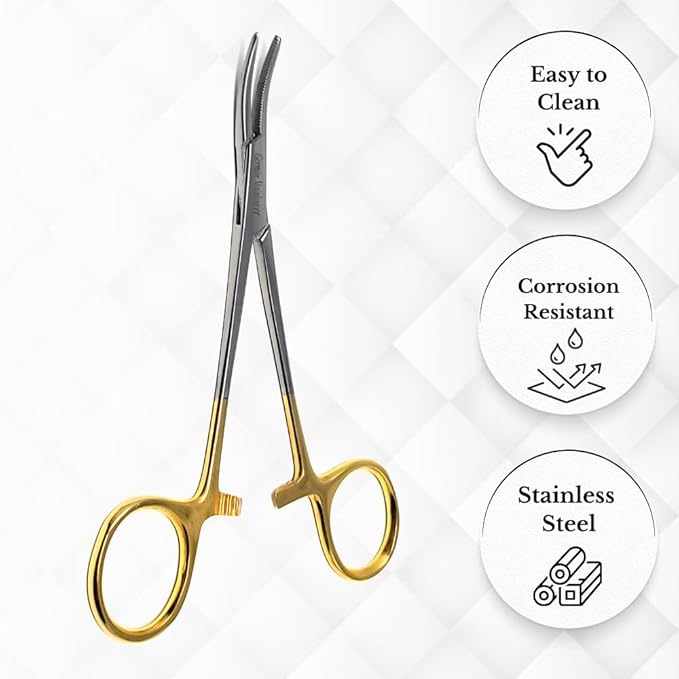 HTI Dog CAT PET Hair Puller Remover Stainless Steel Hemostat Locking Forceps 5.5" Curved Full Serrated (Gold Handle)
