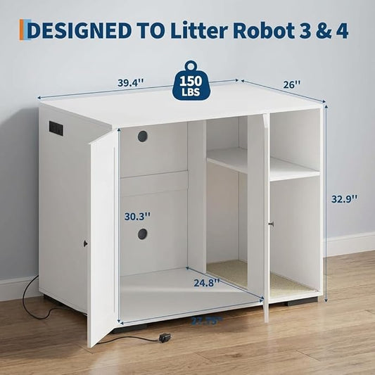 GAOMON Large Litter Box Enclosure Cabinet for Litter Robots, Cat Litter Furniture with Dog-Proof Shelf and Built-in Power Outlet, 5 Ft Power Cord, Fits Most Self-Cleaning Litter Boxes, White