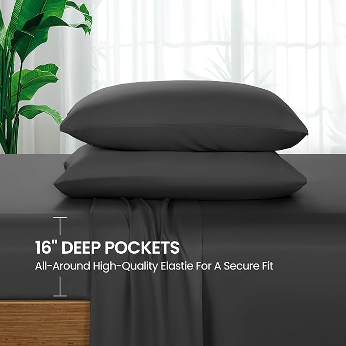 SONORO KATE 100% Viscose Derived from Bamboo_Sheets King Size, Ultra Breathable & Cooling Bed Sheets for Hot Sleepers, Hotel Luxury Silky Bedding Sheets, 16" Deep Pocket - 4PC (Black,King)