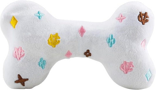 Haute Diggity Dog Chewy Vuiton Bone Plush Squeaky Dog Toy, Soft Durable Designer-Inspired Stuffed Puppy Chew Toys for Small & Medium Dogs, Machine-Washable (White) Large