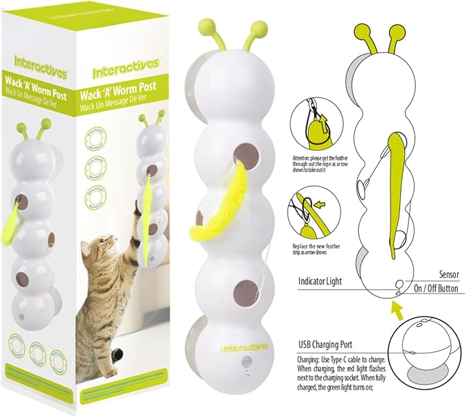 Interactive Caterpillar Cat Toy, Motion Sensor, Simulation of Biological Trajectory, USB Charging, Stable Suction Cup, Interactive Cat Feather Toy for Indoor Cats, Caterpillar Smart Toy with 2 Tails