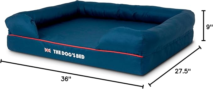 The Dog’s Bed Orthopedic Memory Foam Dog Bed with Bolsters for Large Dogs, High Density Support Mattress, Low Front Entry, Removable Washable Cover, Oxford Fabric, Blue with Dark Red Trim, Large