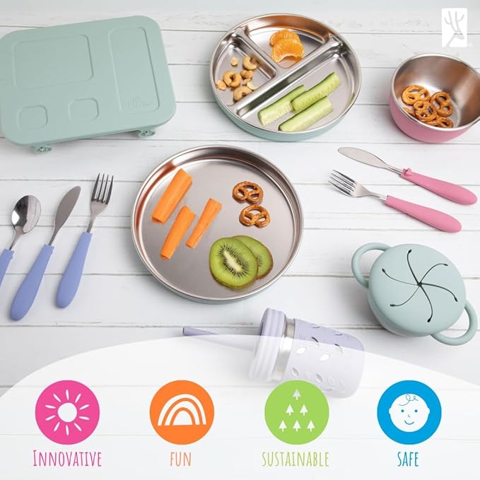 Elk and Friends Stainless Steel Snack Cups | Removable Silicone Food Catcher and Travel Lid | Spill-Proof Snack Containers for Baby, Toddler, Kids | Dishwasher Safe | 2 Pack