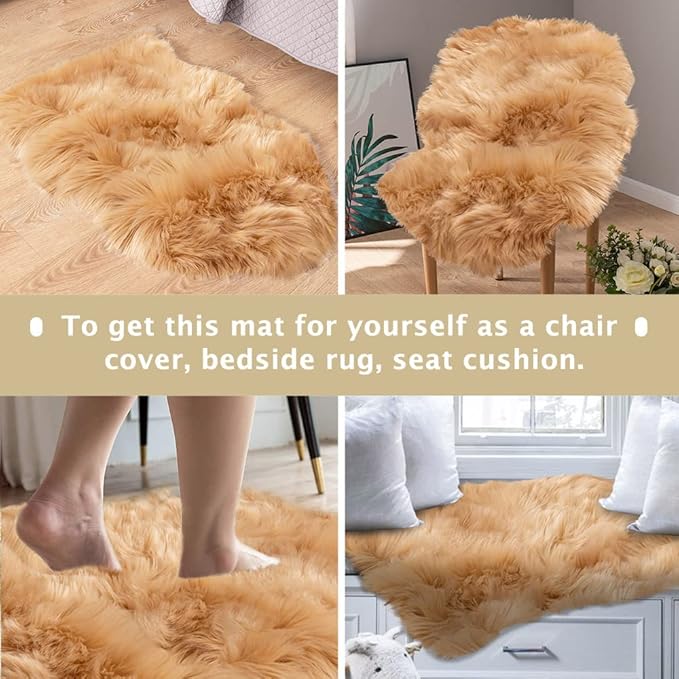 Asrug Faux Fur Dog Rug Pet Mat Ultra Cozy Throw Rug, Luxury Soft Faux Sheepskin Chair Cover Seat Pad Shag Fur Area Rugs, 24 by 36 inches (Khaki)
