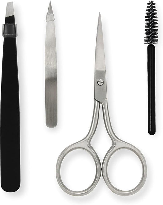 Amazon Basics 4-Piece Eyebrow Grooming Kit with Scissors, Tweezers, Spoolie Brush for Shaping at Home, Black