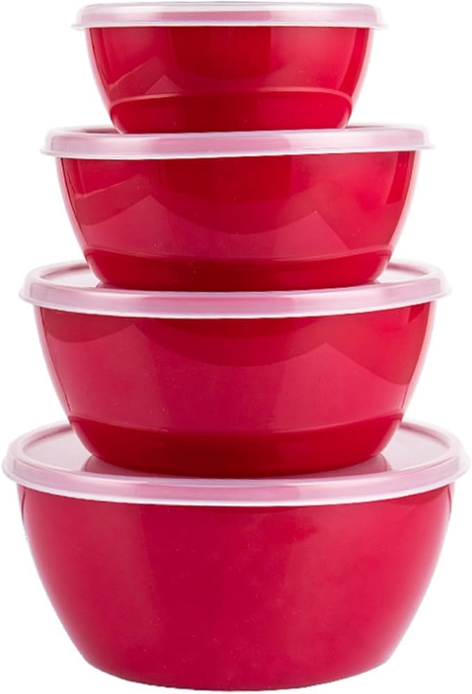 Small Classic Plastic Prep Bowls with Lids, Set of 4, Microwave and Dishwasher Safe (Red)