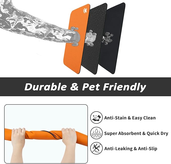 HotLive Dog Food Mat - Absorbent Cat Mat for Food and Water, No Stains Pet Feeding Bowl Mat, Easy to Clean Pet Placemats, Quick Dry Dog Water Dispenser Mat for Messy Drinkers | Paw Orange 18"x 28"