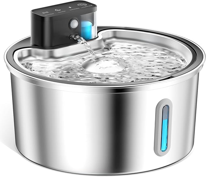 PawPoll Wireless Cat Water Fountain Stainless Steel - 3.2L/108oz Cordless Pet Water Fountain Battery Operated Cat Water Dispenser Ultra Silent Rechargeable Water Fountains for Cats and Dogs