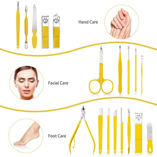 Teamkio 18pcs Manicure Set Pedicure Nail Clippers Set Travel Hygiene Kit Stainless Steel Professional Cutter Care Set Scissor Tweezers Knife Ear Pick Tools Grooming Kits with Leather Case(Yellow)