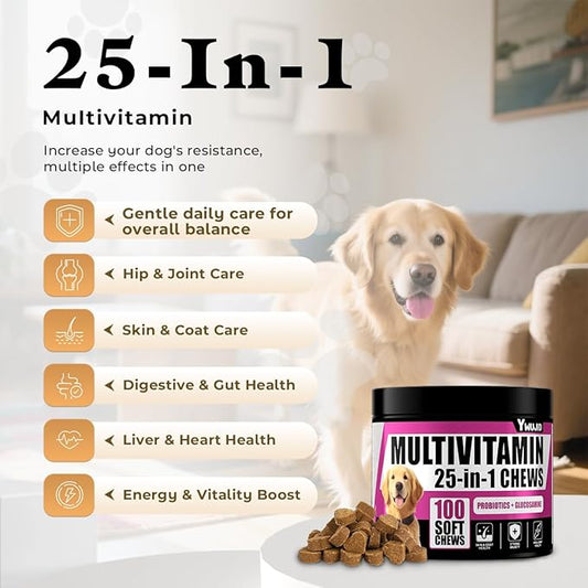 25-in-1 Dog Multivitamin Chewable with Probiotics,Dog Vitamins and Supplements Hip & Joints,Pets Immune Support,Skin,Coat,Heart,Gut Health Omega 3,Glucosamine for All Breeds Puppy,Adult & Senior Dogs