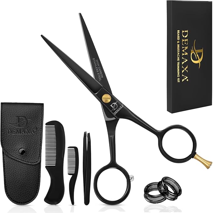 DEMAXA 5" Professional Mustache Scissors Beard Scissors for Men with Fine tip Tweezers 1 Mustache Comb 1 Beard Comb & Pouch – Beard Trimming kit & Mustache Kit (Black Shears With Tweezer)