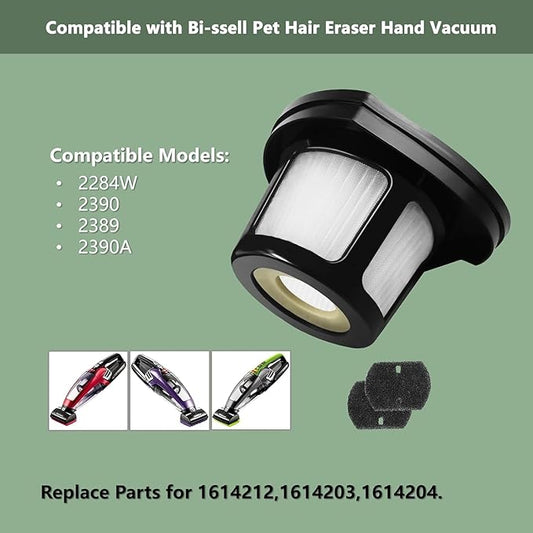 2284W Filter Compatible with Bissell Pet Hair Eraser Hand Vacuum 2284W, 2390, 2389, 2390A, Replace Parts for 1614212, 1614203, 1614204, 2 Pack Filter and 6 Foam Filter