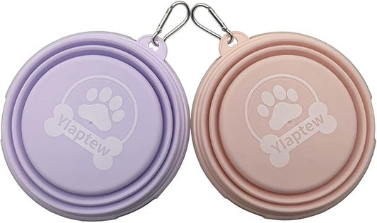 Medium Collapsible Dog Bowl 23oz,2 Pack Portable and Foldable Pet Travel Bowls with 2 Carabiners & Lids for Dogs Cats and Small Animals (Macaron Purple+Pink, 650ml)