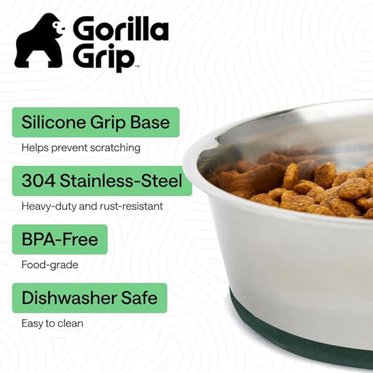 GORILLA GRIP Dog Bowls, Food Grade 304 Stainless Steel, Holds 8 Cups Each (64 fl oz) Food and Water Bowl for Feeding Dogs and Cats, Dishwasher Safe, Rust Resistant, BPA Free Rubber Base Set of 2 Green