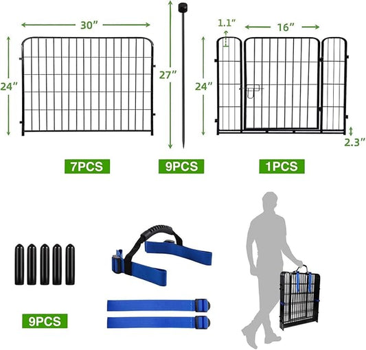 ADAVIN Garden Fencing 24 Inch High, Low Threshold Gate, 8 Panels Total 19.7 Ft(L), Temporary Fences for Dogs Outdoor, Fencing for Garden Beds, Black Metal Decorative Flowers Fence, Rabbit Fence