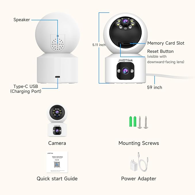 JAIOTlink Indoor Pet Security Camera for Dog Cat, 360° Pan Tilt Baby Monitor, 2.5k Dual-Lens WiFi Camera with Phone App, 2.4G/5G WiFi, AI Human & Pet Detection,Compatible with Alexa
