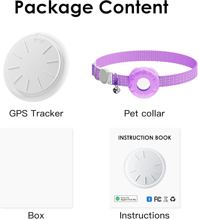 Cat Tracker, GPS Tracker, Compatible with Apple Find My App(Only iOS), Waterproof Cat Tracker Collar with Bell and Safety Elastic Buckle, No Monthly Subscription Fee, Up to 1-Year Battery, Purple