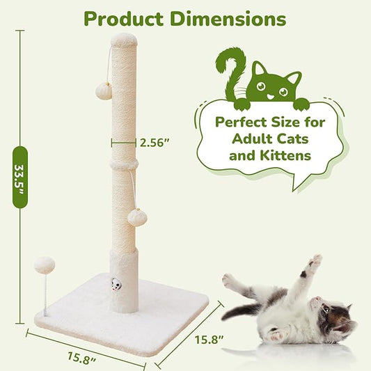 Woochpet Cat Scratching Posts 33" for Adults Cats, Cat Scratcher with Soft Fabric Covering Base and Durable Sisal Rope, Scratcher with Fun Mouse Hole and Cat Toy for Tall Cats (White)