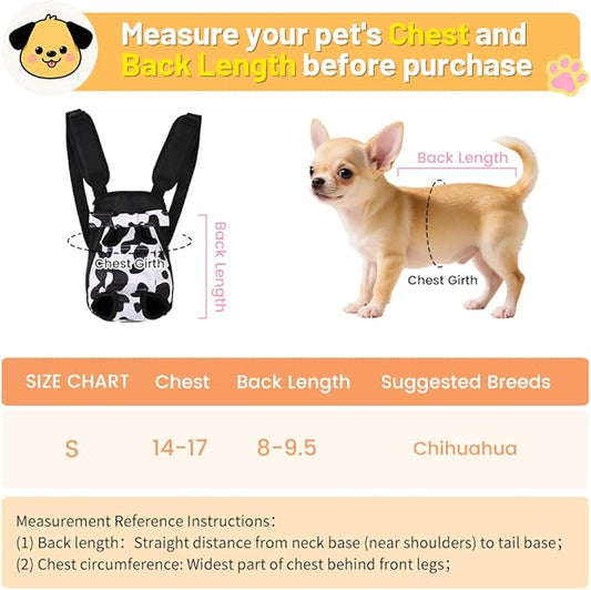 Inspack Dog Backpack Carrier/Cat Carrier, Adjustable Pet Front Carriers Travel Bag for Puppy Medium Dogs, Legs Out, Soft Ventilated Dog Chest Carry Backpacks for Hiking/Camping, 2.5-4 lbs, Cow Print