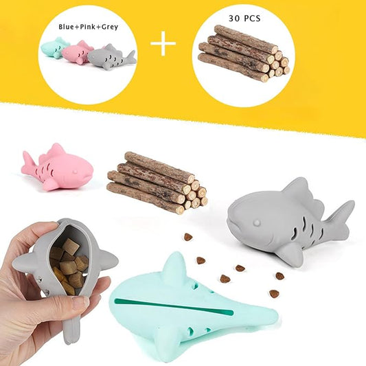 33 Pcs Cat Toys Silicone Shark Chew Toys for Teething Kittens Natural Silvervine Sticks - Dental Health Chews, Catnip Alternative for Boredom Relief, Interactive Treat Dispenser Puzzle Feeder