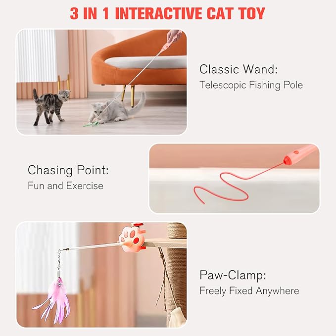 BEBOBLY 3-in-1 Retractable Cat Wand Toy for Indoor Cats