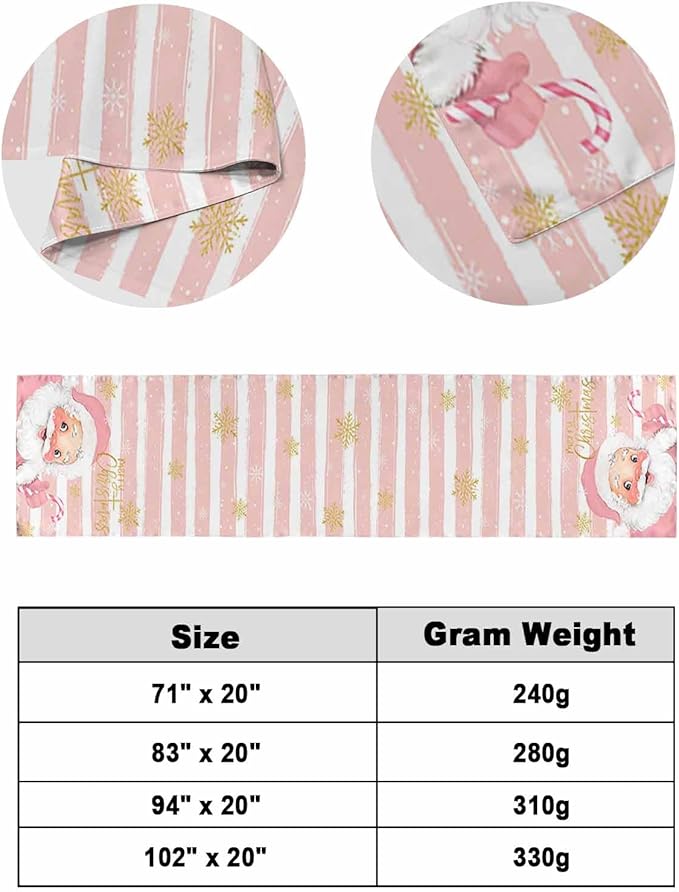 Pink Santa Christmas Bed Runner for Cal.King Size Bed, Xmas Decorative Bed Scarf Throws for Foot of Bed, Snowflake Pink White Striped Luxury Bedding Slipcover Bed Runners for Home, 102 x 20 Inch