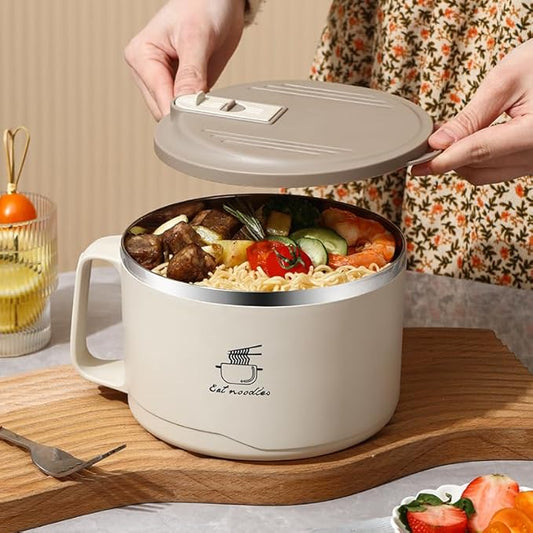 1700ml Heat-Insulated 304 Stainless Steel Ramen Bowl with Phone Holder Lid – BPA-Free, Portable Lunch Bowl for Camping, RV, Hiking, Office & Travel (Khaki)