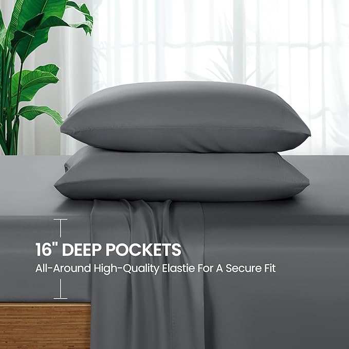 SONORO KATE 100% Viscose Derived from Bamboo_Sheets Full Size, Ultra Breathable & Cooling Bed Sheets for Hot Sleepers, Hotel Luxury Silky Bedding Sheets, 16" Deep Pocket - 4PC (Dark Grey,Full)