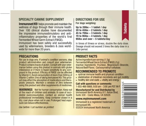 Plant Based Dog Supplement Tablets | Bio-Active Canine Nutritional Supplements Immune & GI Health Support | Veterinary Supplements Natural Fermented Wheat Germ Extract (FWGE) (Tablets)