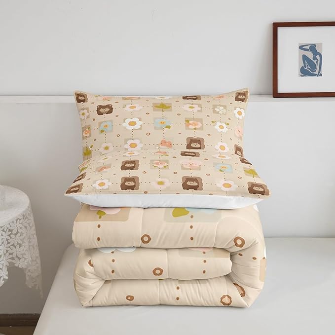 Erosebridal Woodland Animal Wildlife Comforter Set King Grid Checkered Bedding Sets, Light Brown Duvet Insert Flower, Colorful Flower Floral Quilt Set Kid Microfiber Cartoon Bedroom Décorative 3Piece