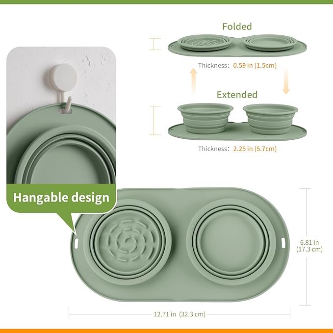 Puppy Dog Bowl,Travel Bowls Dog Food Bowls&Dog Water Bowls,No Spills,Collapsible Double Bowl,Suitable for Small and Medium Sized Dogs(Green)