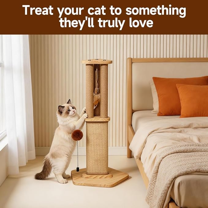 Cat Scratching Post for Indoor Cats,Kitten sisal Scratch Post for Cute Small Medium Adults cat,Rope Scratcher with Ball (27" H)
