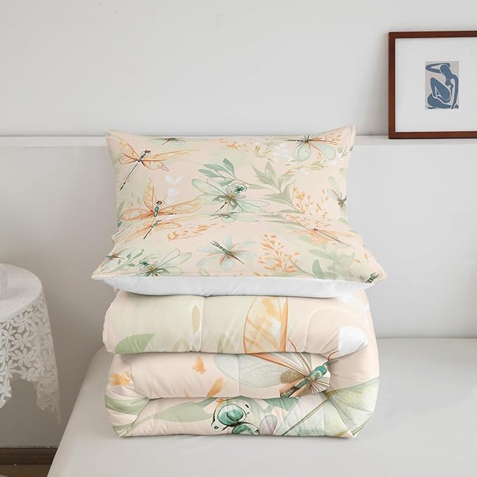 Erosebridal Dragonfly Comforter Set Twin Animal Bedding Sets Plants Bedding Set Spring Duvet Set,Beige Quilted Duvet Butterfly Girls Women Breathable Bedroom Décorative 2 Piece
