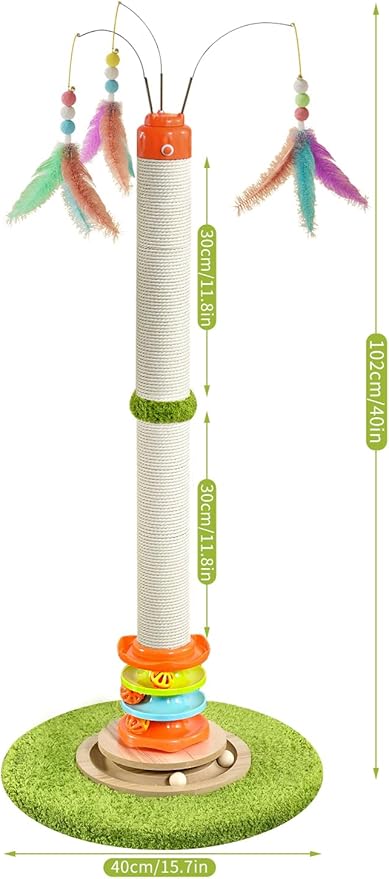 YARUOMY Cat Scratching Post,40'' Tall Cat Scratcher Tree Cat Toys for Indoor Cats with Cat Toys 4-Tier Roller Track,Automatically Rotating cat Teaser Wand,Hanging Balls for Kittens Adults Cats