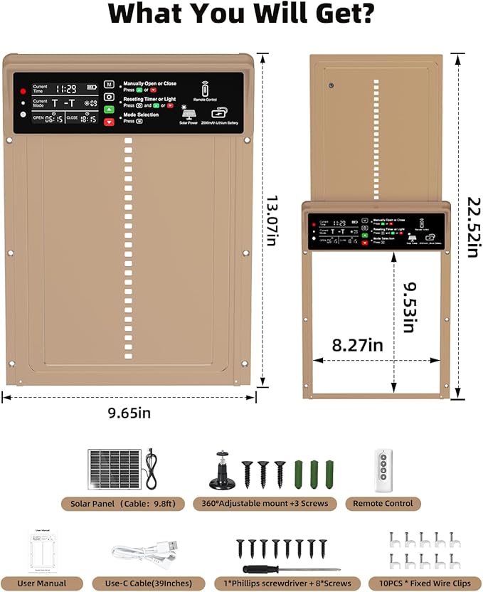 Automatic Chicken Coop Door Solar Powered, Pet Deluxe Chicken Door with Programmable Timer & Light Sensor, Anti-Pinch Safety, 7W Solar Panel, Aluminum Alloy with 10 Wire Clips Solar Chicken Door-Brown