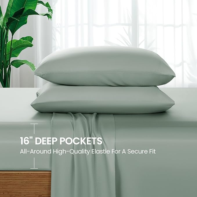 SONORO KATE 100% Viscose Derived from Bamboo_Sheets Full Size, Ultra Breathable & Cooling Bed Sheets for Hot Sleepers, Hotel Luxury Silky Bedding Sheets, 16" Deep Pocket - 4PC (Sea Glass,Full)