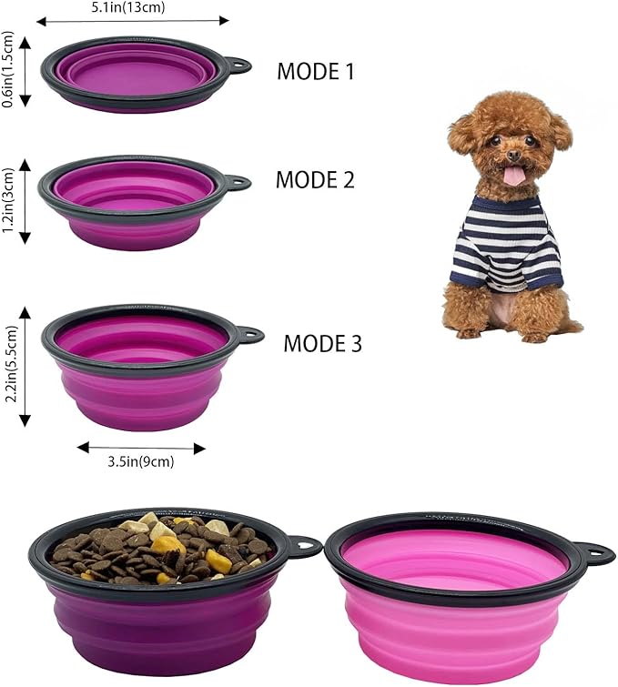 Small Collapsible Dog Bowl 12oz,2 Pack Portable and Foldable Pet Travel Bowls with 2 Carabiners & Lids for Dogs Cats and Small Animals (Purple+Pink, 350ml)