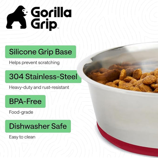 GORILLA GRIP Dog Bowls, Food Grade 304 Stainless Steel, Holds 8 Cups Each (64 fl oz) Food and Water Bowl for Feeding Dogs and Cats, Dishwasher Safe, Rust Resistant, BPA Free Rubber Base Set of 2 Red