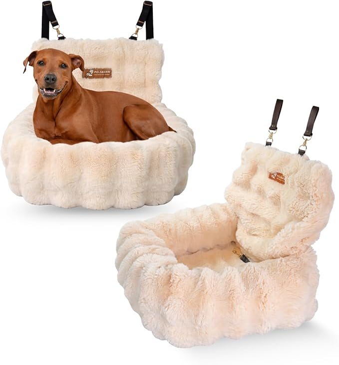 Pelsbarn Luxurious Cozy Car Bed - Small Luxury Travel Dog Bed with Safety Belt - Ultra Soft Faux Fur - Beige