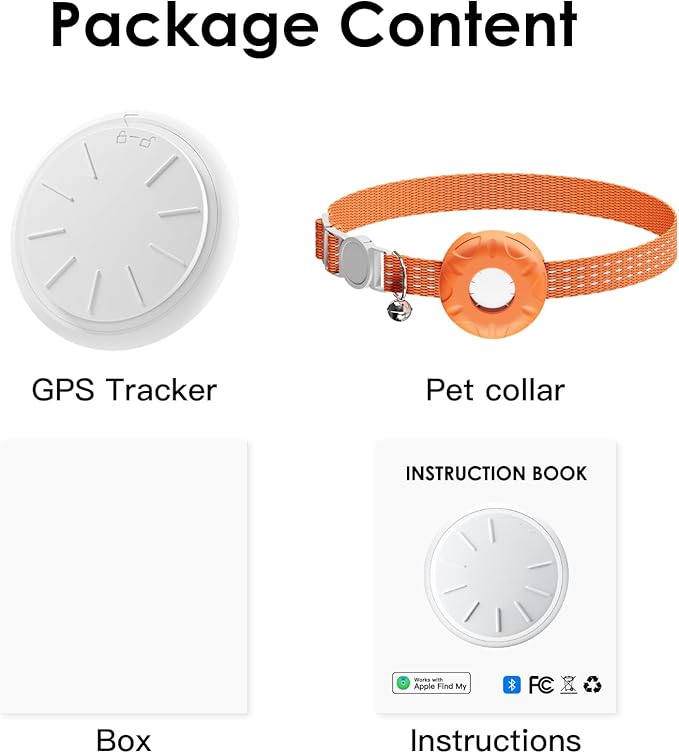 Cat Tracker, GPS Tracker, Pet Tracker Compatible with Apple Find My App(Only iOS), Waterproof Cat Trackers Collar with Bell and Safety Elastic Buckle,No Monthly Fee, Smart Alerts, Orange
