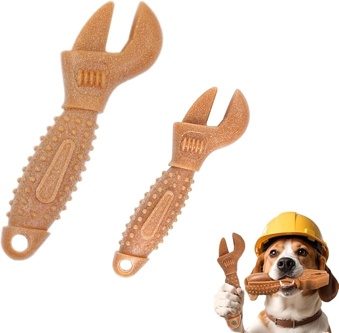 Dog Chew Toys for Aggressive Chewers, Medium & Large Dogs, Made of Real Pine Wood and Durable Food-Grade Nylon, with Tool Shape Design for Dental Cleaning and Long-Lasting Chewing Fun (Brown-Wrench)