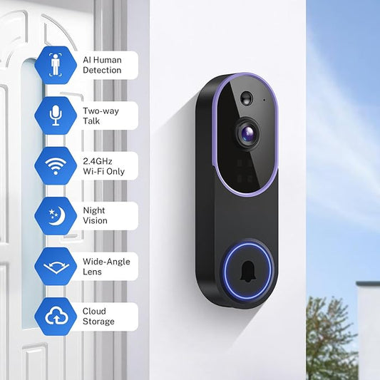 1080P Video Doorbell Camera Wireless, Smart AI Human Detection, 2-Way Audio, Battery Powered, 2.4GHz WiFi, IR Night Vision, Indoor Outdoor, Motion Alert
