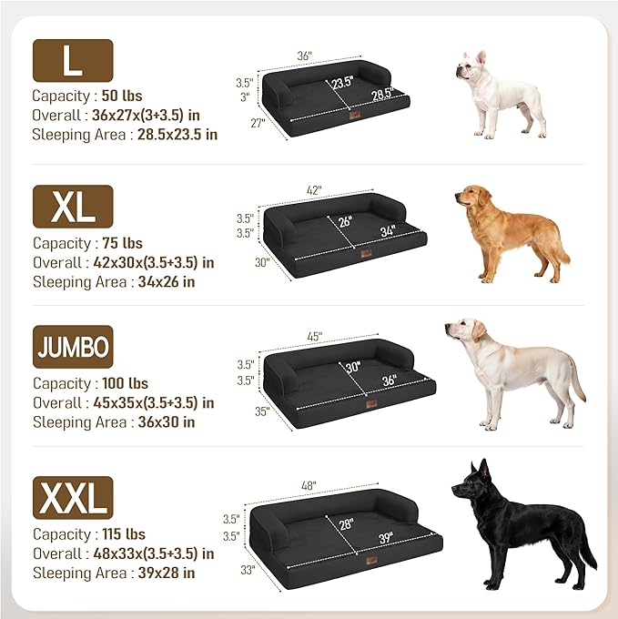 Comfort Expression Extra Large Dog Bed - XL Washable Waterproof Orthopedic Pet Bed for Big Dog Pet Couch Memory Foam Sofa Bolster with Removable Cover - 42 x 30