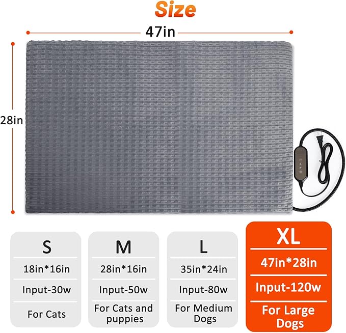 Cat Heating Pad, Waterproof Heated Cat Dog Bed with Adjustable Temperature & Timer, Electric Pet Mat for Indoor Cats Dogs, Chew Resistant Steel Cord(Extra Large : 47"x28" Gray)