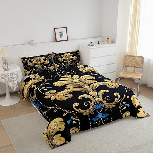 Bohemian Paisley Twin Comforter Set Hippie Mandanla Bedding Set, Black and Gold Duvet Insert Vintage Floral Quilt Comforter Boho Aesthetic Flower Bedding Comforter Sets, Retro Medallion Bedroom Decor