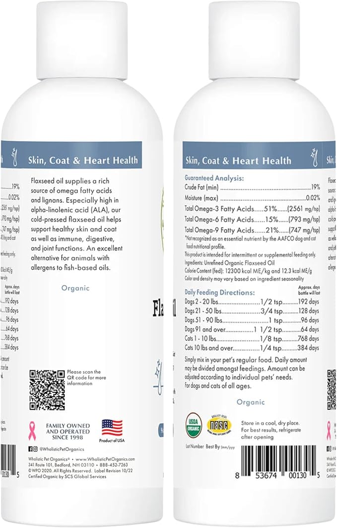 Wholistic Pet Organics Flaxseed Oil for Dogs and Cats - 16 Oz - Omega 3 for Dogs and Cats - Cat & Dog Skin and Coat Supplement for Itchy Skin, Shedding - Omega 3 6 9 Liquid Food Topper - 90 Day Supply