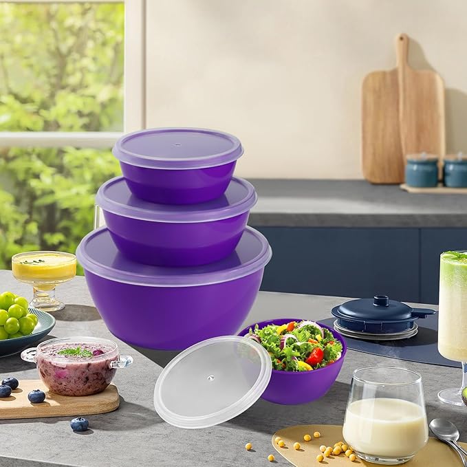 Set of 4 Plastic Prep Bowls with Lids,Microwave and Dishwasher Safe,Ideal for Baking, Prepping, Cooking and Serving Food (Purple)