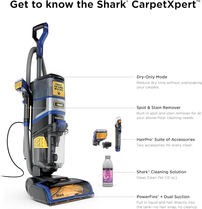 Shark CarpetXpert HairPro | Upright Carpet, Area Rug & Upholstery Cleaner | Carpet Shampooer | Handheld Spot & Stain Eliminator | Pet Hair Pickup & Odor Removal | 2 Cleaning Tools | Cobalt | EX251BRN